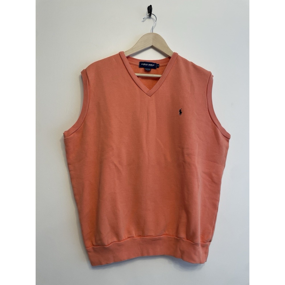 Ralph Lauren Polo Golf Sweatshirt Vest Men Large Orange Fleece V-neck Pullover